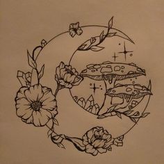 a drawing of flowers and a fish in a circle