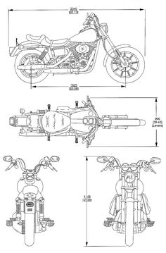 an image of a drawing of a motorcycle with measurements on the front and back sides