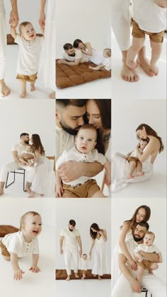 a collage of photos showing people and babys in white outfits with their parents