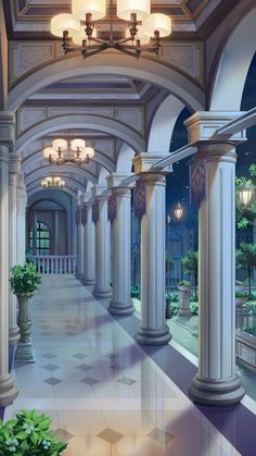 an artist's rendering of a hallway with columns and chandeliers on either side