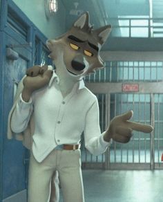 a fox in a jail cell with his hands out to the side and looking at something