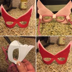 four photos of masks made to look like they have been put together