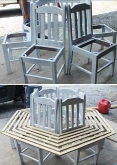 two pictures of chairs made out of pallets