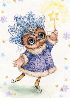 an owl is holding a star in its hand and wearing a blue dress with stars on it