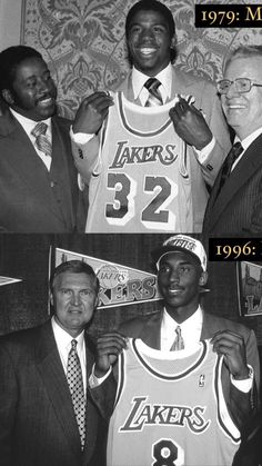 three men in suits and ties are holding up basketball jerseys with the same number on them