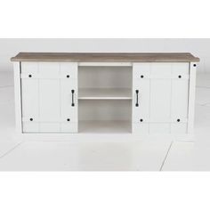 a white entertainment center with two doors and shelves on one side, an open shelf to the other