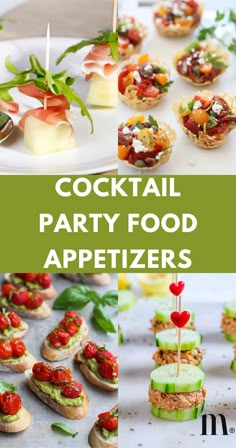 pinterest image for an article about cocktail party food appetizers Mini Tasting Party Ideas Appetizers, Canape Recipes Easy, Appetizer For Cocktail Party, Classy Party Food Ideas, Unique Easy Appetizers, Chic Finger Food, Fresh Appetizers Healthy, Light Bites For Party, Cocktail Stick Food