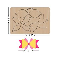 a wooden cutting board with an image of two bows on it and the measurements for each piece