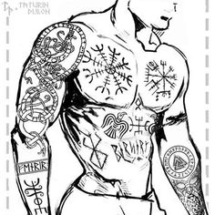 a drawing of a man with tattoos on his chest