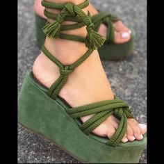 Green rope tie platform sandals literally opened them from the mail and listed to sell. bought as a size 41 (us 10) bc i’ve order from here before and they run extremely small. i am a size 8 1/2 in us size and they fit like an 8. i would return but they only do store credit which is why i have the shoes in the first place. #festivalvibes #micas Tie Sandals, Lace Up Wedges, Womens Sandals Wedges, Open Toe Shoes, Platform Wedge Sandals, Womens Wedges, Platform Wedge, Sandal Fashion, Womens Shoes Wedges