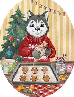 a painting of a dog making cookies in front of a christmas tree