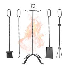 four different types of cooking utensils with flames in the back and on top