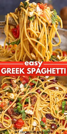 spaghetti with tomatoes, olives and fettuccine is being lifted from a pan