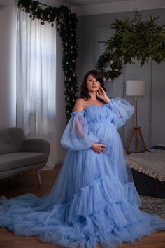 Tulle maternity dresses Puffy dress for photo shoots Blue maternity dress Dress with a train for a special occasion and photo shoots The dress is designed for a photo shoot of a pregnant woman and also for other events Elegant off-the-shoulder dress and long puffy sleeves Back corset adjustable with lacing The dress has a long train - and you can take wonderful photos in it. MATERIALS: soft tulle The dress has a soft lining. Layers: Multilayer Dress length from waist to floor 48 inches - 120 cm Gorgeous Maternity Dress, Elegant Maternity Dresses For Photoshoot, Cinderella Maternity Photoshoot, Metarnity Gown, Blue Baby Shower Dress, Babyshower Dress, Dresses Puffy, Dress With A Train