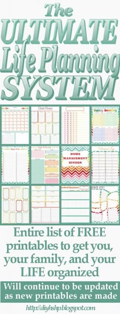 the ultimate printable life planner system is shown in green and white, with text that reads