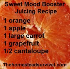 a grapefruit cut in half with the words, sweet mood booster juicing recipe