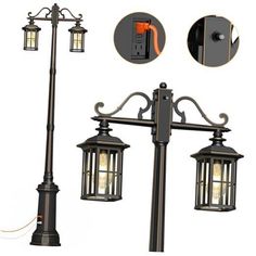 an old fashioned street light with two lanterns