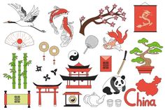 China elements mega set in graphic flat design. Bundle elements of crane, koi fish, sakura, dragon, fans. Vector illustration. Sakura Dragon, Chinese Element, Geometric Symbols, Landscape Elements, Chinese Symbols, Logo Banners, Cityscape Photos