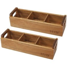 two wooden trays with the initials hb and hb on them, each holding compartments