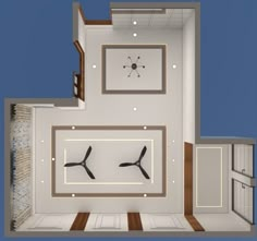 an overhead view of a room with two clocks on the wall and one in the floor