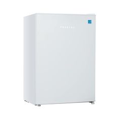 a white refrigerator freezer sitting on top of a white counter next to a wall