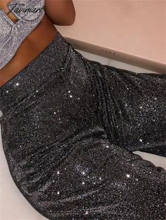 Tavimart Sparkly Sliver Party Pants For Women Party Night Clubwear Glitter Long Trousers Leggings Female Fashion Wide leg Pants Sparkly Pants, Trench Coat Dress, Party Pants, Pleated Midi Dress, Pantalon Large, Ankle Length Pants, Women Pants Casual, High Waisted Trousers, Party Night