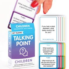 a hand holding a card game with instructions for children to play talking point on it