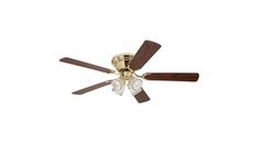 a ceiling fan with three wooden blades