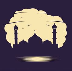 the silhouette of a mosque with two birds flying over it, and clouds in the background