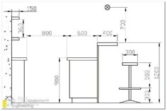 a drawing of a room with two tables and one chair in the middle, measurements for each