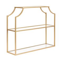 a gold metal and glass shelf with an arched design on the top, against a white background