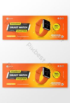 two orange banners with smart watches on them