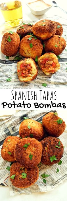 Potato bombas are a popular Barcelona tapa. Mashed potatoes stuffed with mushrooms and red peppers then breaded and fried. Served with an aquafaba cocktail sauce for a delicious vegan and vegetarian snack or starter. Aquafaba Cocktail, Stuffed Mashed Potato Balls, Stuffed Mashed Potatoes, Potatoes Stuffed, Vegetarian Snack, Spanish Potatoes, Tapas Party, Potato Snacks, Tapas Recipes