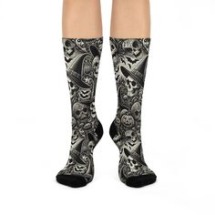 Halloween Skull Witch Print Socks - Embrace the spooky season with these gothic-inspired socks featuring a creepy pattern of skulls, witch hats, and pumpkins. Perfect for Halloween festivities or as a unique gift for those who love all things spooky and eerie. These comfortable and stylish socks will add a touch of dark magic to your everyday attire. Ideal for cozy nights, costume parties, or whenever you need a little extra haunting charm in your step! Witch Print, Witch Hats, Halloween Festivities, Spooky Gifts, Dark Magic, Print Socks, Stylish Socks, Costume Parties, Halloween Skull