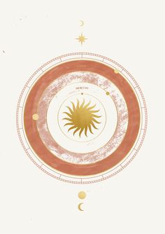 the sun and moon are depicted in an artistic painting on white paper with gold accents