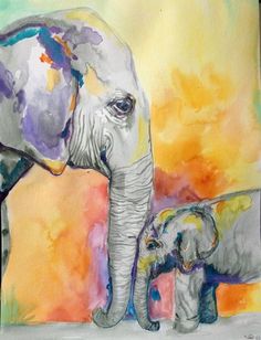 an elephant and her baby are painted in watercolor