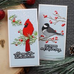 two cards with birds on them sitting next to pine cones and evergreen branches, one has a red cardinal perched on the tree branch