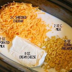 the ingredients for crock pot cheese casserole in a slow cooker are labeled