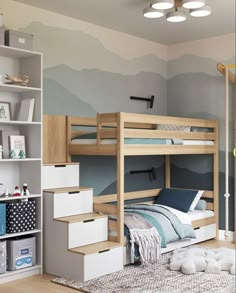 a child's bedroom with a bunk bed, stairs and storage boxes on the floor