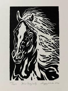 a black and white drawing of a horse with long hair on it's head