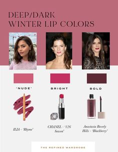 Nude, Bright and Bold Lip Colors for Deep/Dark Winters! Winter Lip Color, Bold Lip Color, Winter Color Palette, Bold Lip, Winter Colors