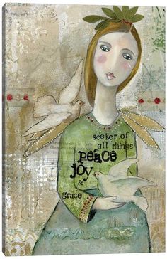 a painting of a girl holding a dove with the words peace on it and two birds flying above her