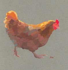 a painting of a chicken on a gray background with red and orange feathers, standing upright