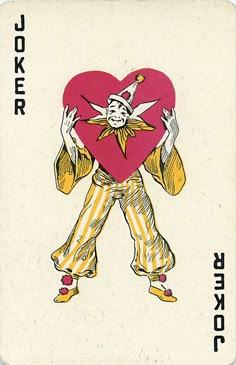 a card with a joker holding a heart in it's hands and the words joker written below