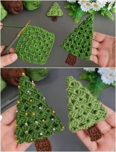 crocheted christmas trees are being made with yarn