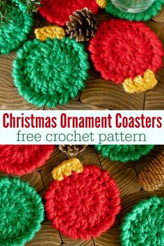 christmas ornament coasters with pine cones on top and the words free crochet pattern