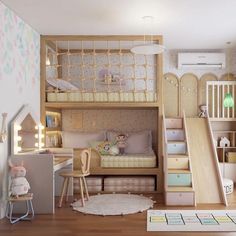 a child's bedroom with bunk beds and stairs