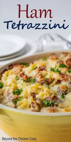 a casserole dish with ham, cheese and parsley in a yellow bowl