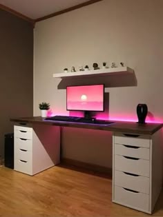 a desk with a computer on top of it