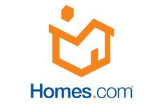 the logo for homes com is shown in orange and blue letters on a white background